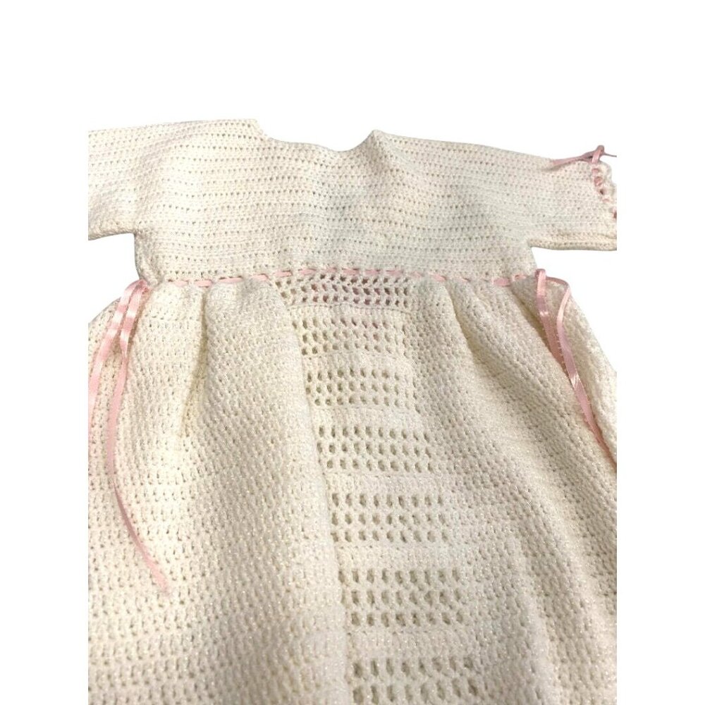 Handcrafted Crochet Baby Christening Gown With Pink Ribbon Accents - Soft Ivory - Picture 6 of 7